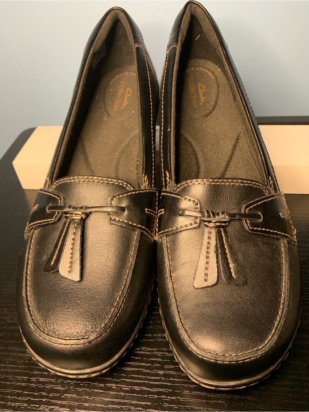 Clarks Ashland Black Leather Tassel Penny Loafers